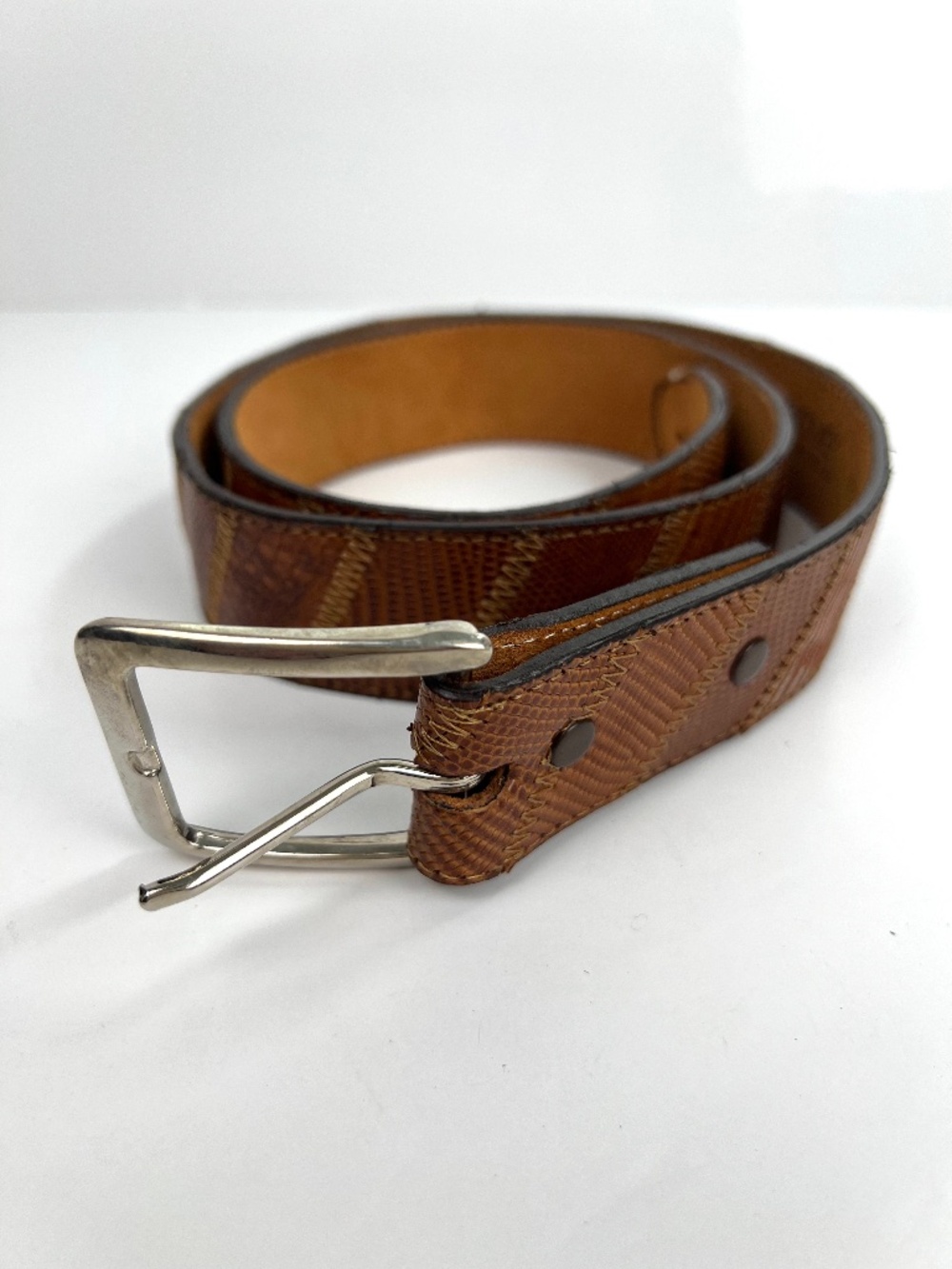 Acme Genuine Lizard Leather Western Belt size M 34/36 Brown Silvertone Buckle